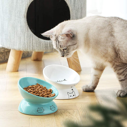 Elevated Ceramic Cat Bowls for Food and Water, Slanted Design for Spine Protection and Stress-Free Feeding, Backflow Prevention, White Porcelain Finish