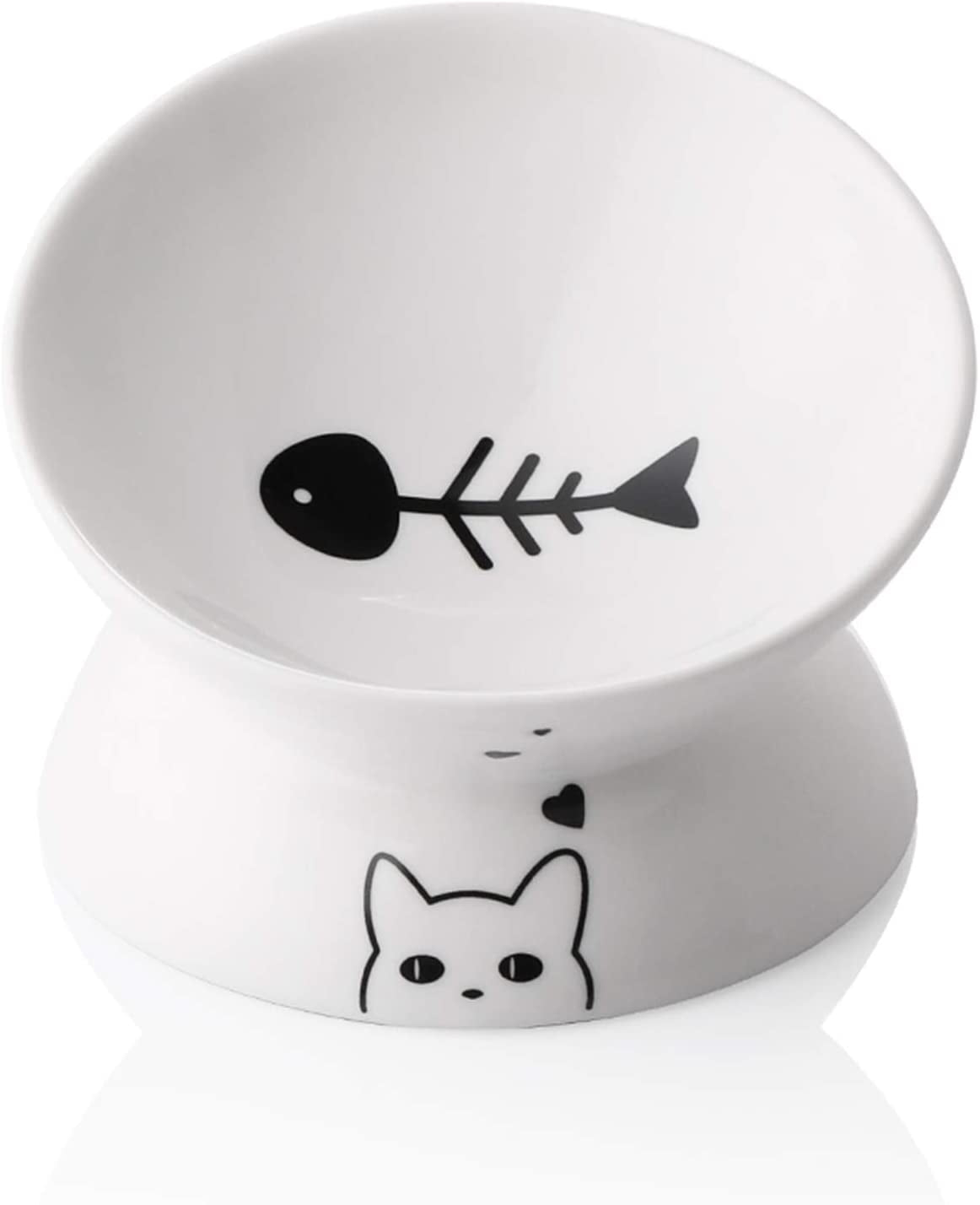 Elevated Ceramic Cat Bowls for Food and Water, Slanted Design for Spine Protection and Stress-Free Feeding, Backflow Prevention, White Porcelain Finish
