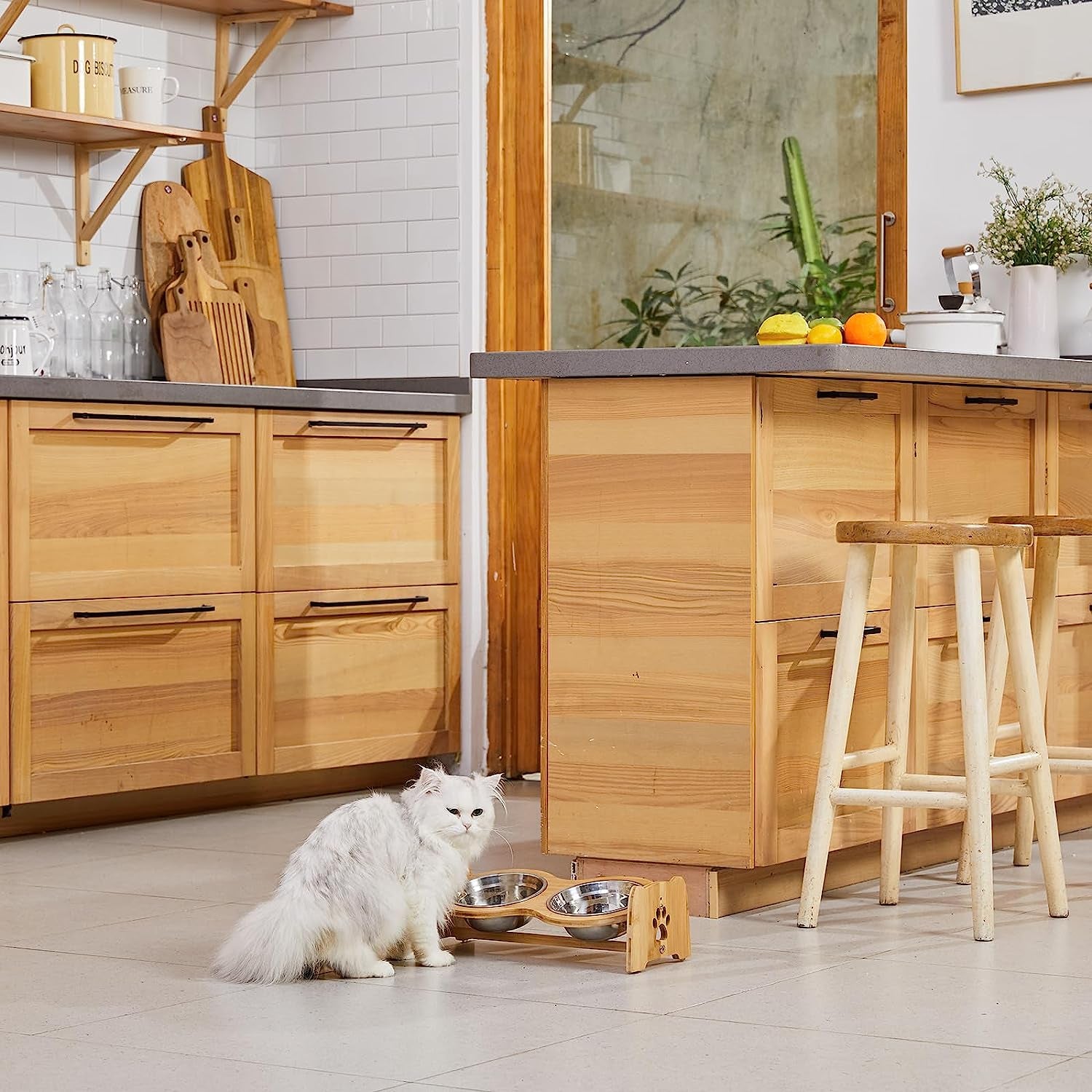 Adjustable Bamboo Elevated Dog and Cat Bowls with Stainless Steel Inserts and Anti-Slip Feet (Height 4" to 4.5")