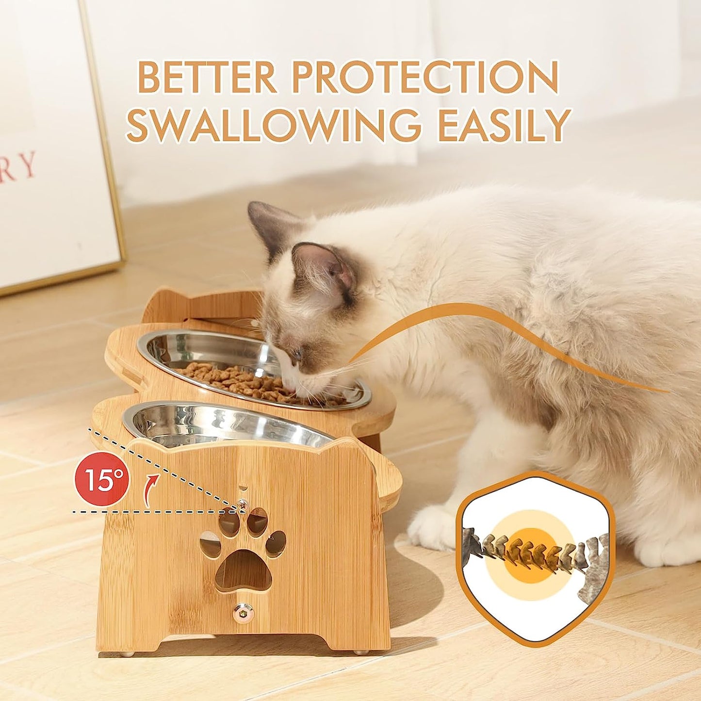 Adjustable Bamboo Elevated Dog and Cat Bowls with Stainless Steel Inserts and Anti-Slip Feet (Height 4" to 4.5")