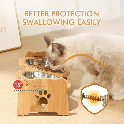 Adjustable Bamboo Elevated Dog and Cat Bowls with Stainless Steel Inserts and Anti-Slip Feet (Height 4" to 4.5")