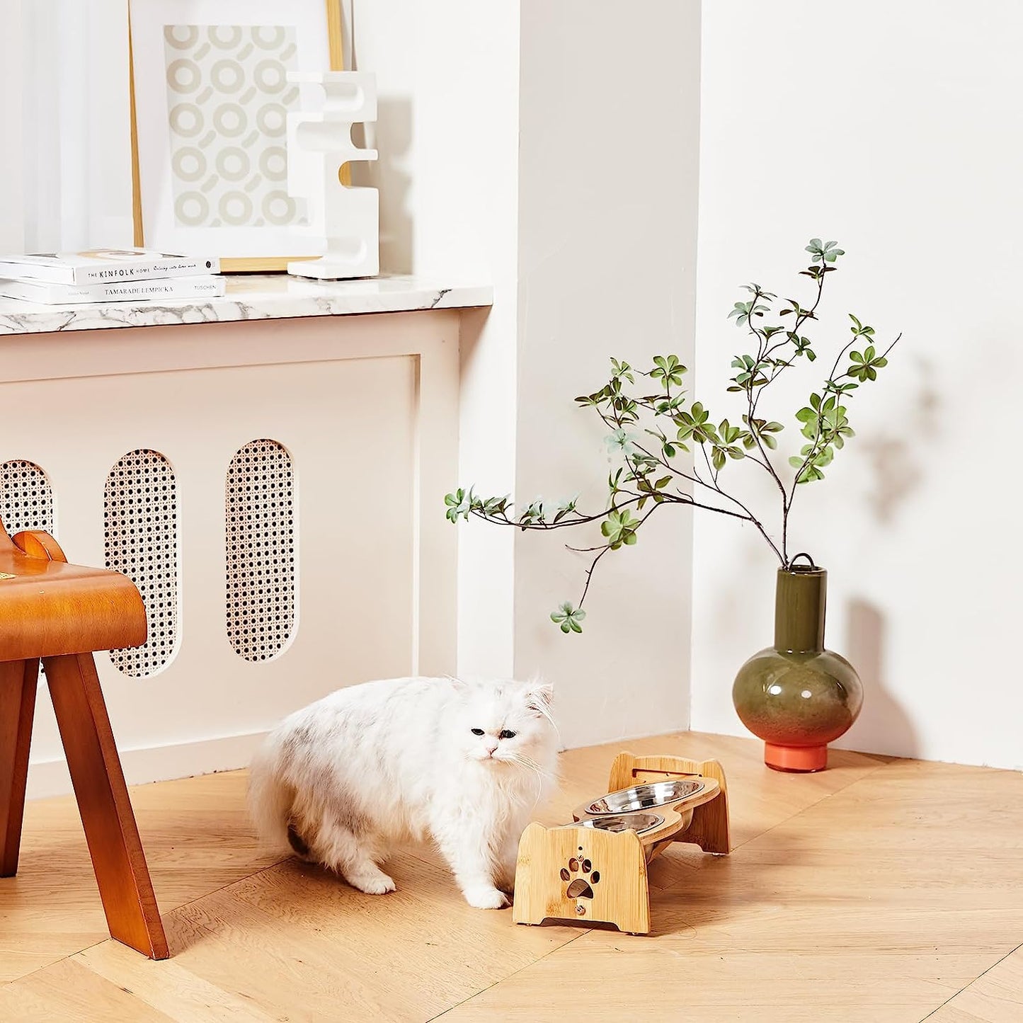 Adjustable Bamboo Elevated Dog and Cat Bowls with Stainless Steel Inserts and Anti-Slip Feet (Height 4" to 4.5")