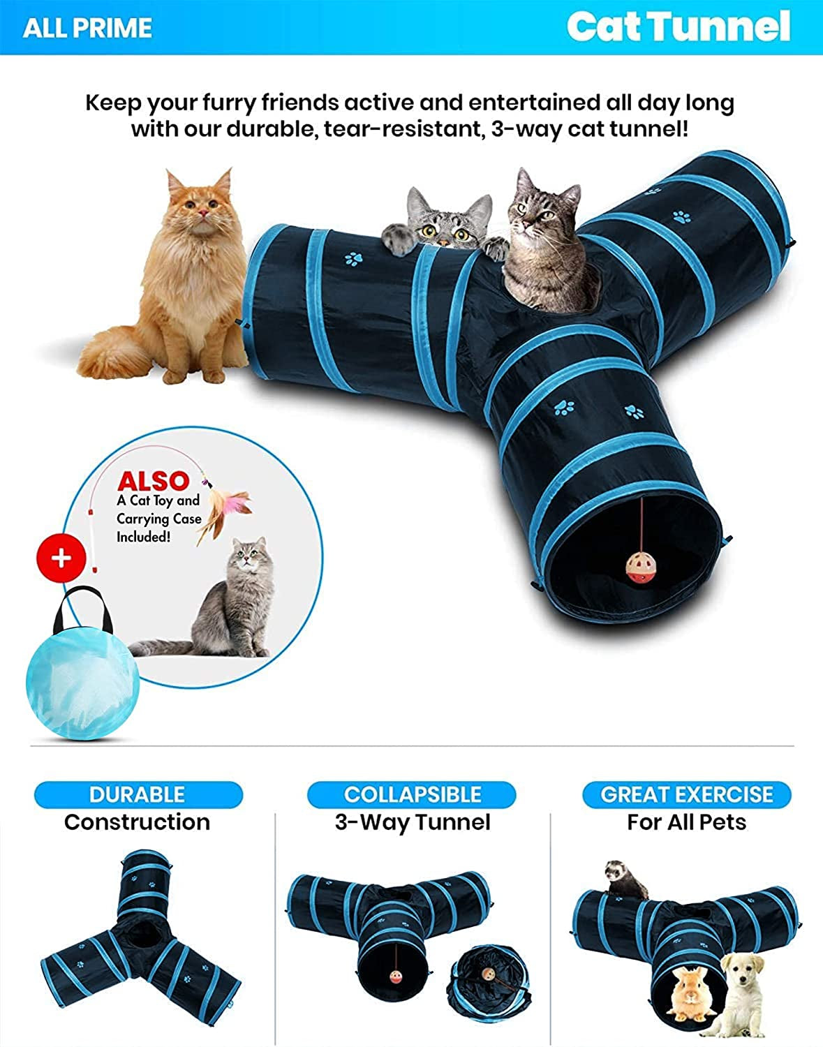 Collapsible 3-Way Cat Tunnel with Interactive Toy - Indoor Cat Play Tube - Ideal for Cats and Rabbits (Blue)