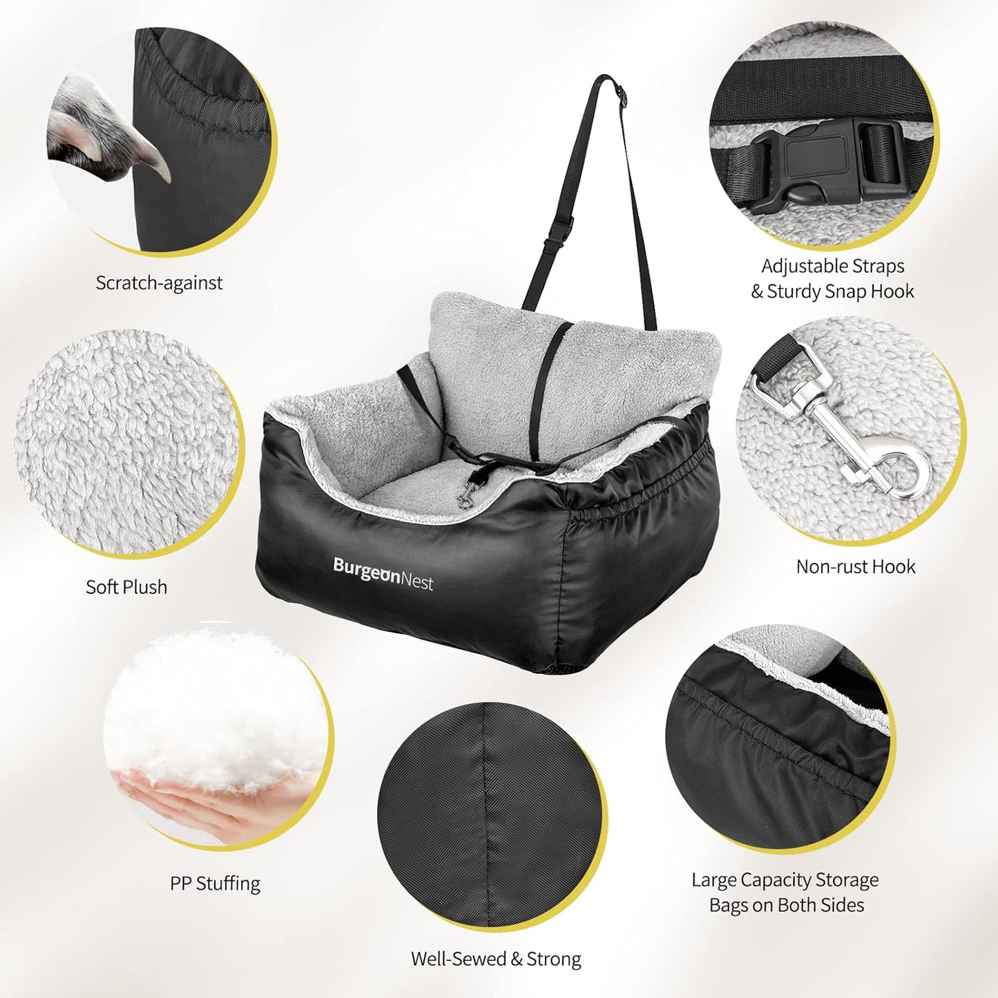 Premium Dog Car Seat for Small Breeds - Soft and Washable Travel Bed for Pets Under 25 lbs, Detachable Design with Storage Pockets and Clip-On Leash, Portable Carrier in Black