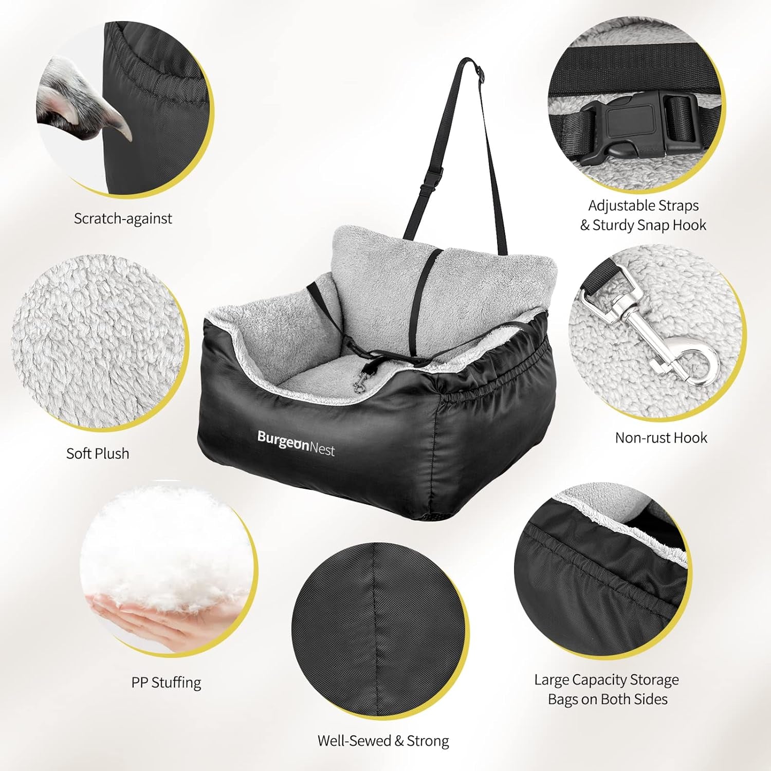 Premium Dog Car Seat for Small Breeds - Soft and Washable Travel Bed for Pets Under 25 lbs, Detachable Design with Storage Pockets and Clip-On Leash, Portable Carrier in Black