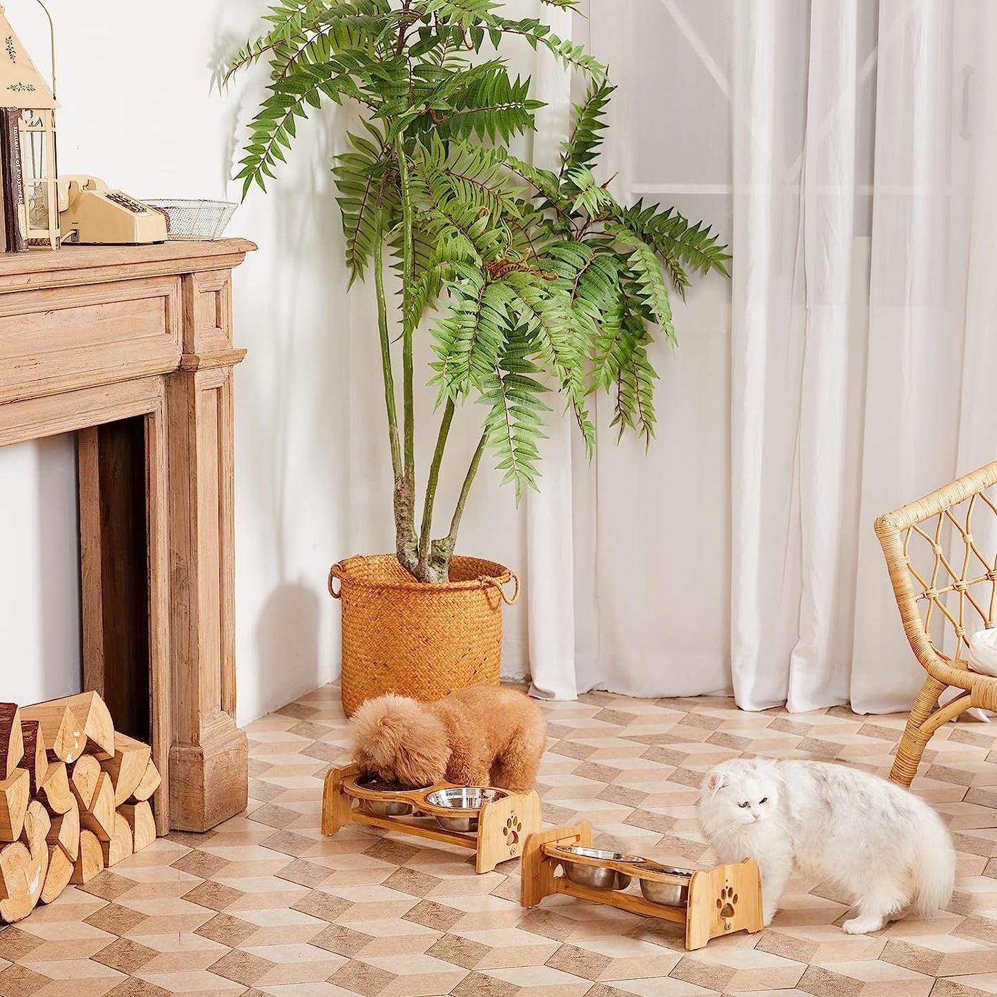 Adjustable Bamboo Elevated Dog and Cat Bowls with Stainless Steel Inserts and Anti-Slip Feet (Height 4" to 4.5")