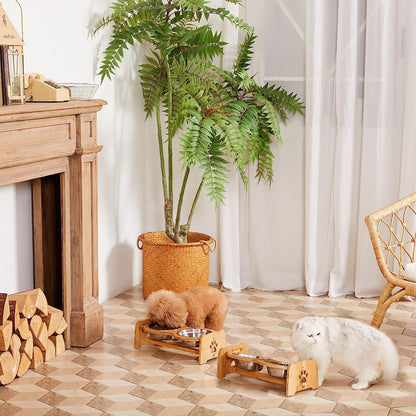 Adjustable Bamboo Elevated Dog and Cat Bowls with Stainless Steel Inserts and Anti-Slip Feet (Height 4" to 4.5")