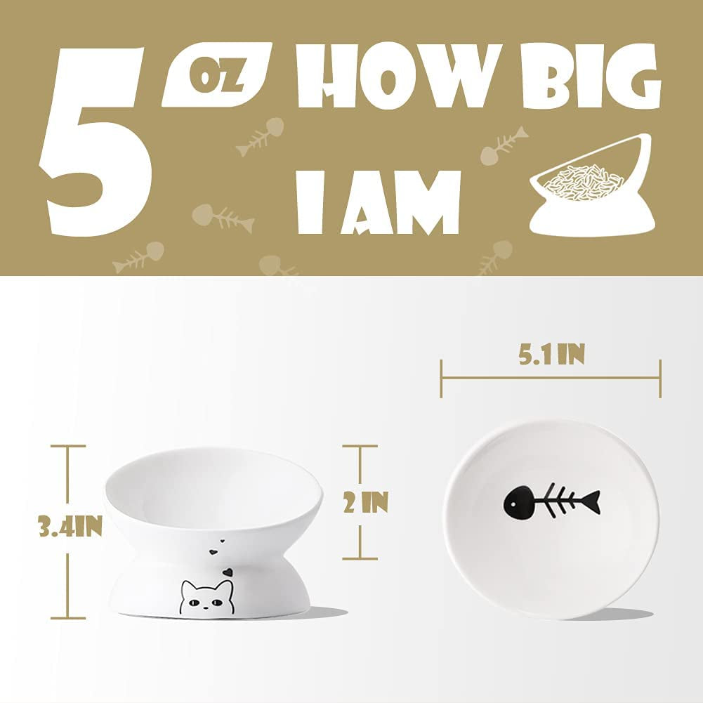 Elevated Ceramic Cat Bowls for Food and Water, Slanted Design for Spine Protection and Stress-Free Feeding, Backflow Prevention, White Porcelain Finish