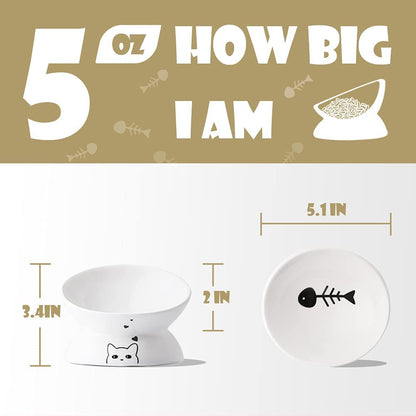 Elevated Ceramic Cat Bowls for Food and Water, Slanted Design for Spine Protection and Stress-Free Feeding, Backflow Prevention, White Porcelain Finish