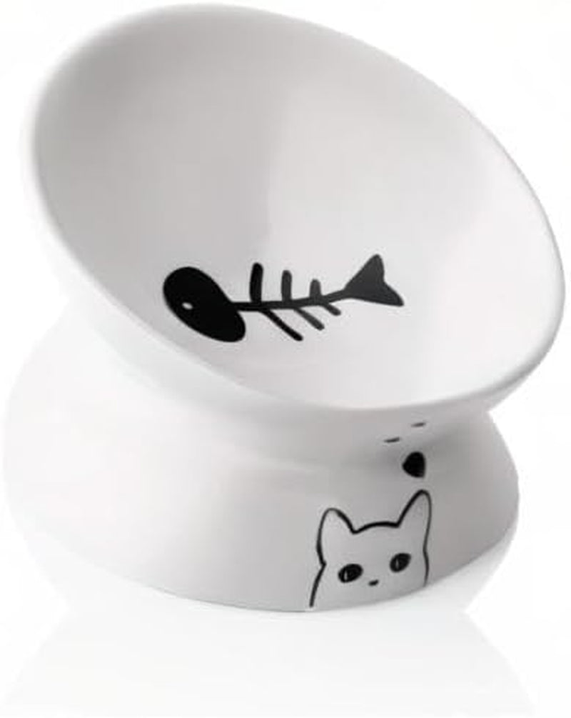 Elevated Ceramic Cat Bowls for Food and Water, Slanted Design for Spine Protection and Stress-Free Feeding, Backflow Prevention, White Porcelain Finish