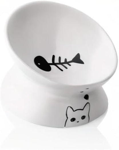 Elevated Ceramic Cat Bowls for Food and Water, Slanted Design for Spine Protection and Stress-Free Feeding, Backflow Prevention, White Porcelain Finish