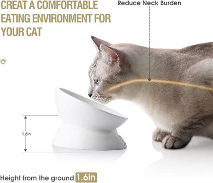 Elevated Ceramic Cat Bowls for Food and Water, Slanted Design for Spine Protection and Stress-Free Feeding, Backflow Prevention, White Porcelain Finish