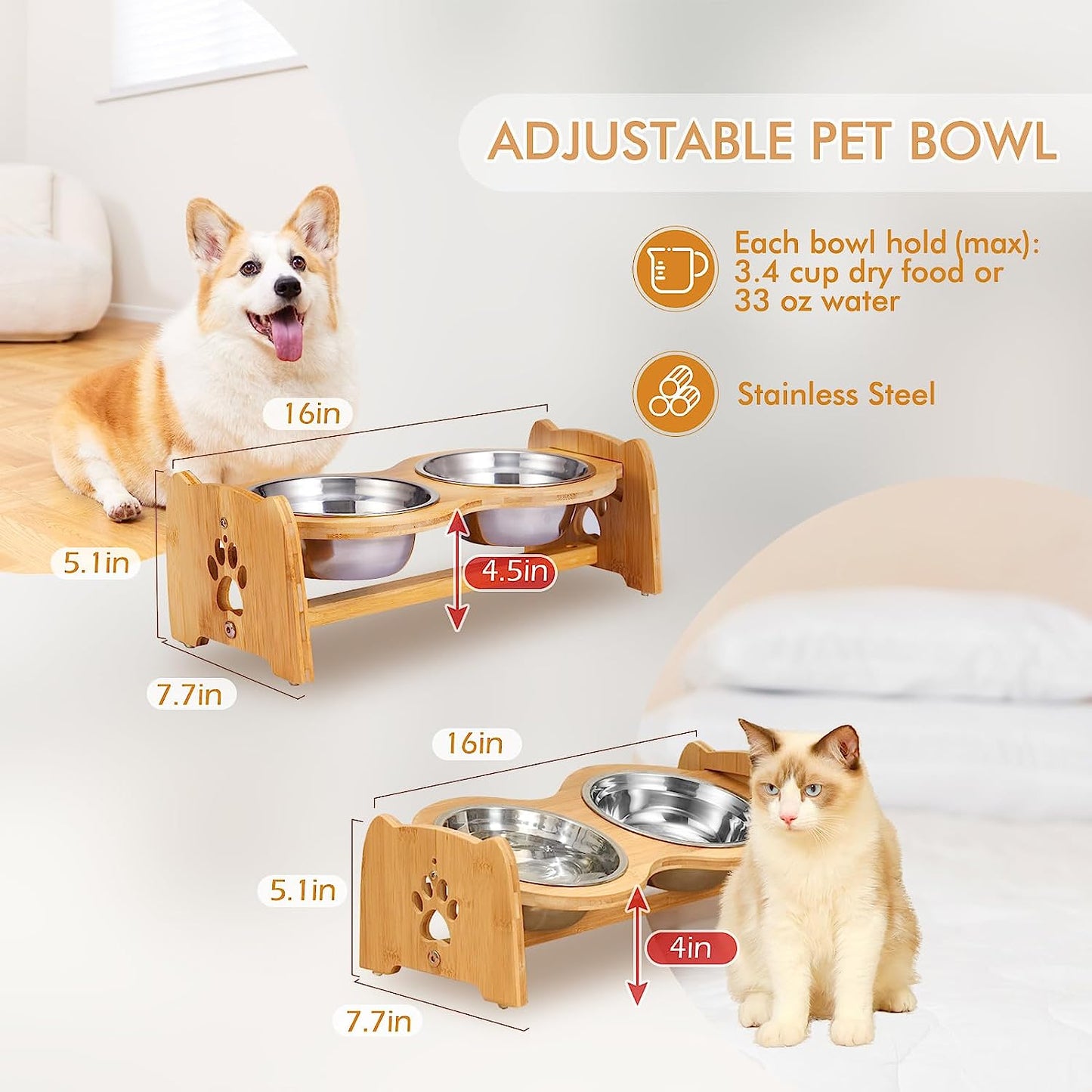 Adjustable Bamboo Elevated Dog and Cat Bowls with Stainless Steel Inserts and Anti-Slip Feet (Height 4" to 4.5")