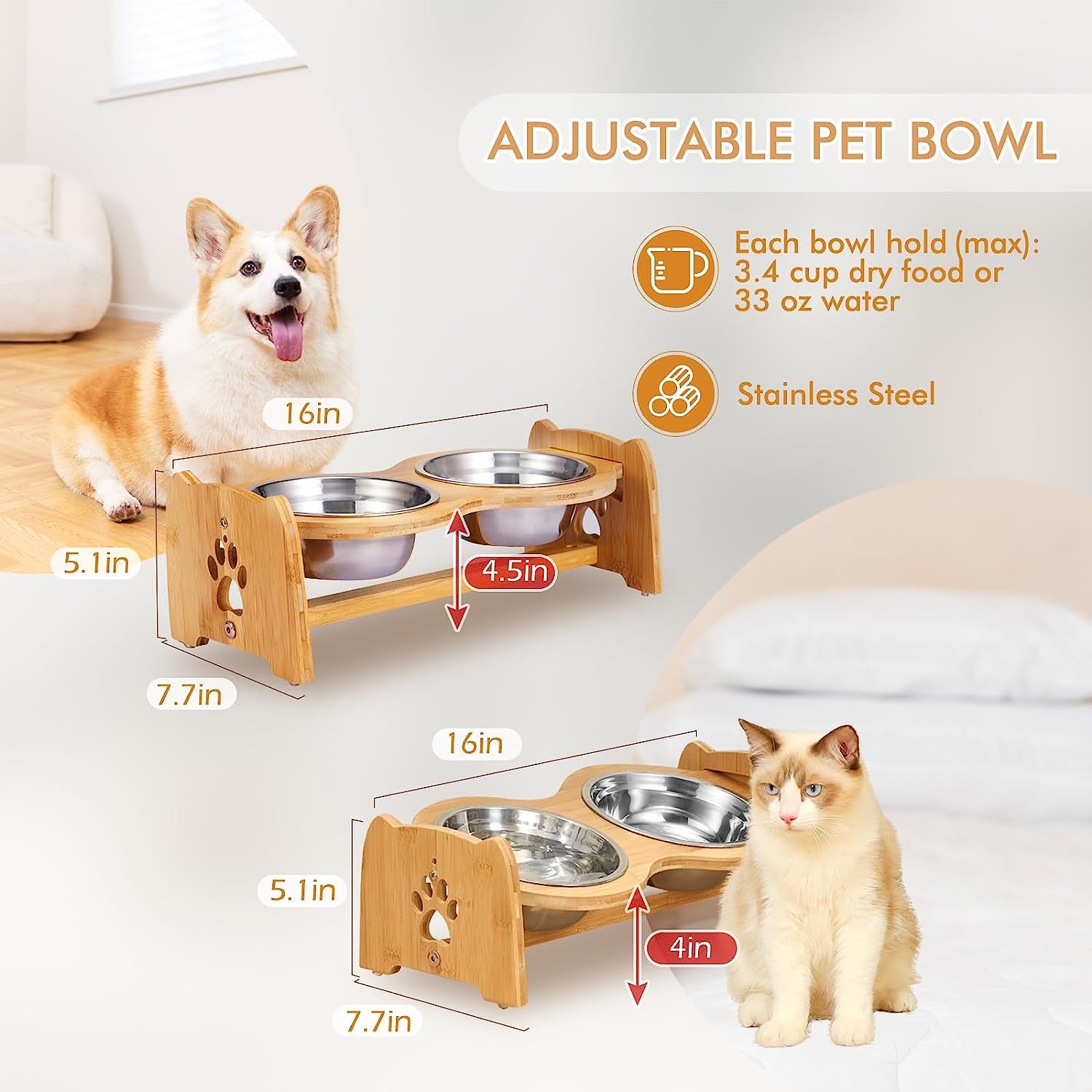 Adjustable Bamboo Elevated Dog and Cat Bowls with Stainless Steel Inserts and Anti-Slip Feet (Height 4" to 4.5")