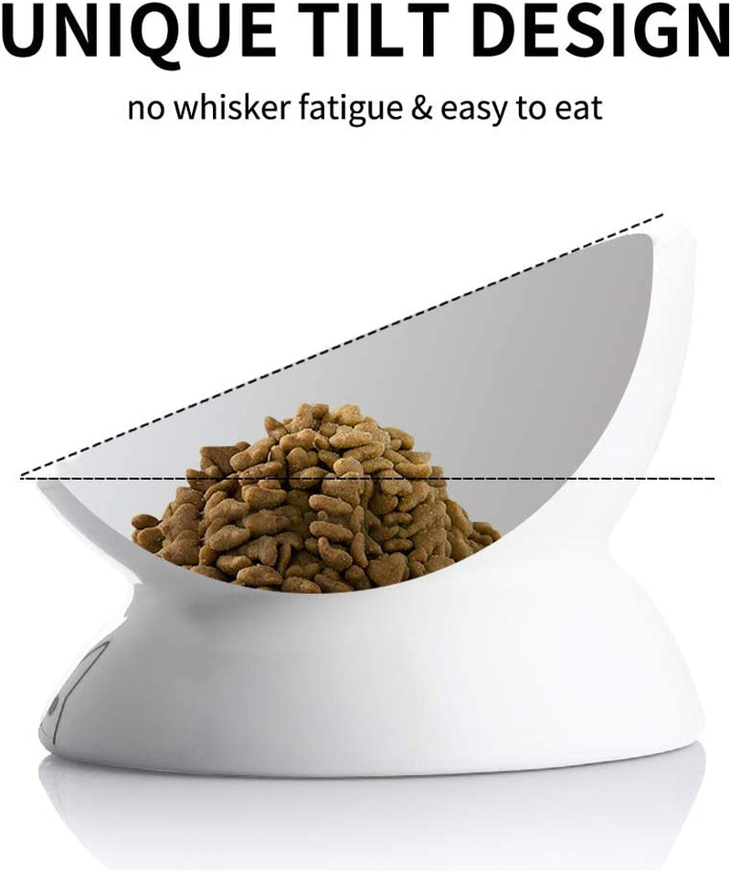 Elevated Ceramic Cat Bowls for Food and Water, Slanted Design for Spine Protection and Stress-Free Feeding, Backflow Prevention, White Porcelain Finish