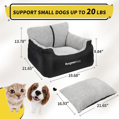 Premium Dog Car Seat for Small Breeds - Soft and Washable Travel Bed for Pets Under 25 lbs, Detachable Design with Storage Pockets and Clip-On Leash, Portable Carrier in Black