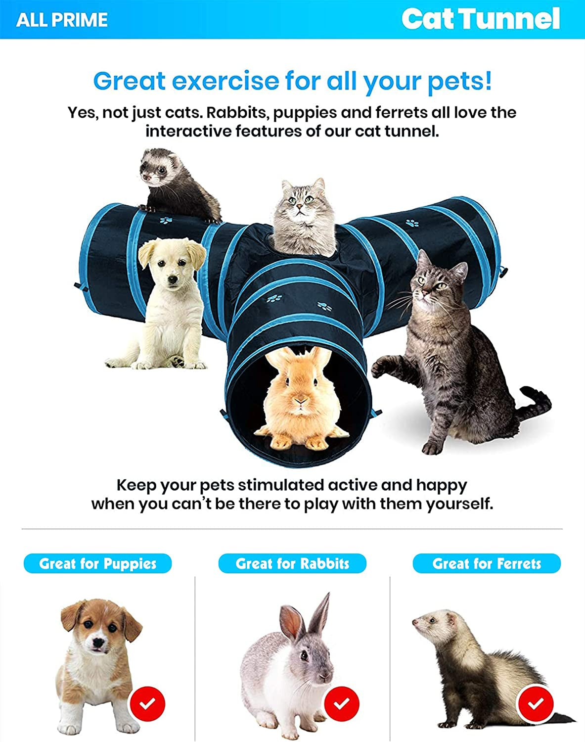Collapsible 3-Way Cat Tunnel with Interactive Toy - Indoor Cat Play Tube - Ideal for Cats and Rabbits (Blue)