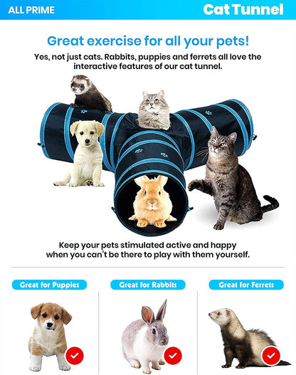 Collapsible 3-Way Cat Tunnel with Interactive Toy - Indoor Cat Play Tube - Ideal for Cats and Rabbits (Blue)