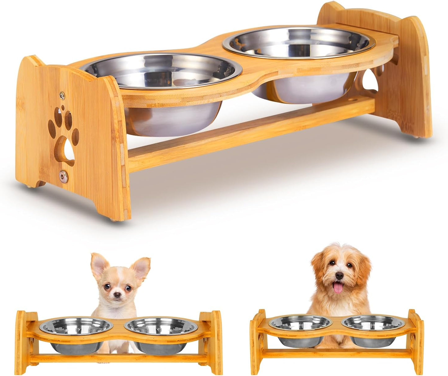 Adjustable Bamboo Elevated Dog and Cat Bowls with Stainless Steel Inserts and Anti-Slip Feet (Height 4" to 4.5")