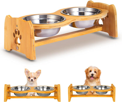 Adjustable Bamboo Elevated Dog and Cat Bowls with Stainless Steel Inserts and Anti-Slip Feet (Height 4" to 4.5")