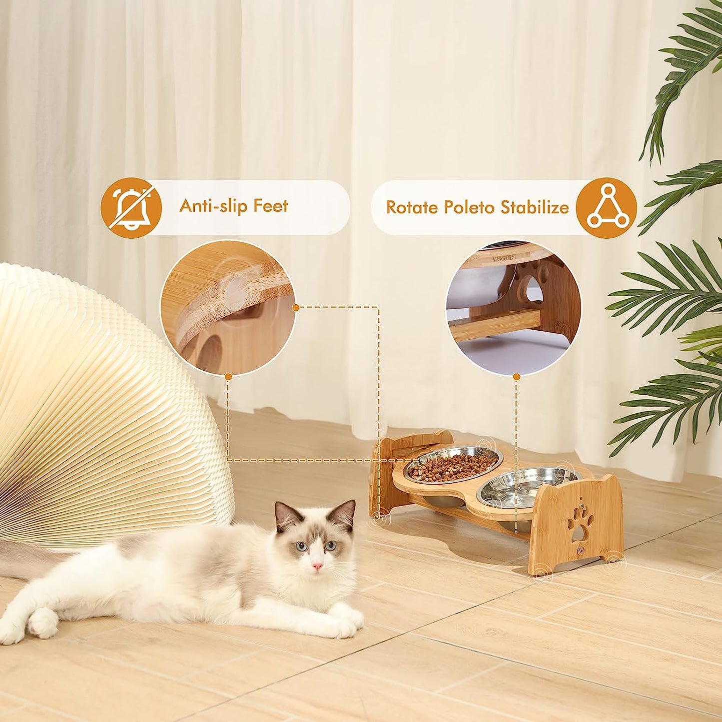 Adjustable Bamboo Elevated Dog and Cat Bowls with Stainless Steel Inserts and Anti-Slip Feet (Height 4" to 4.5")