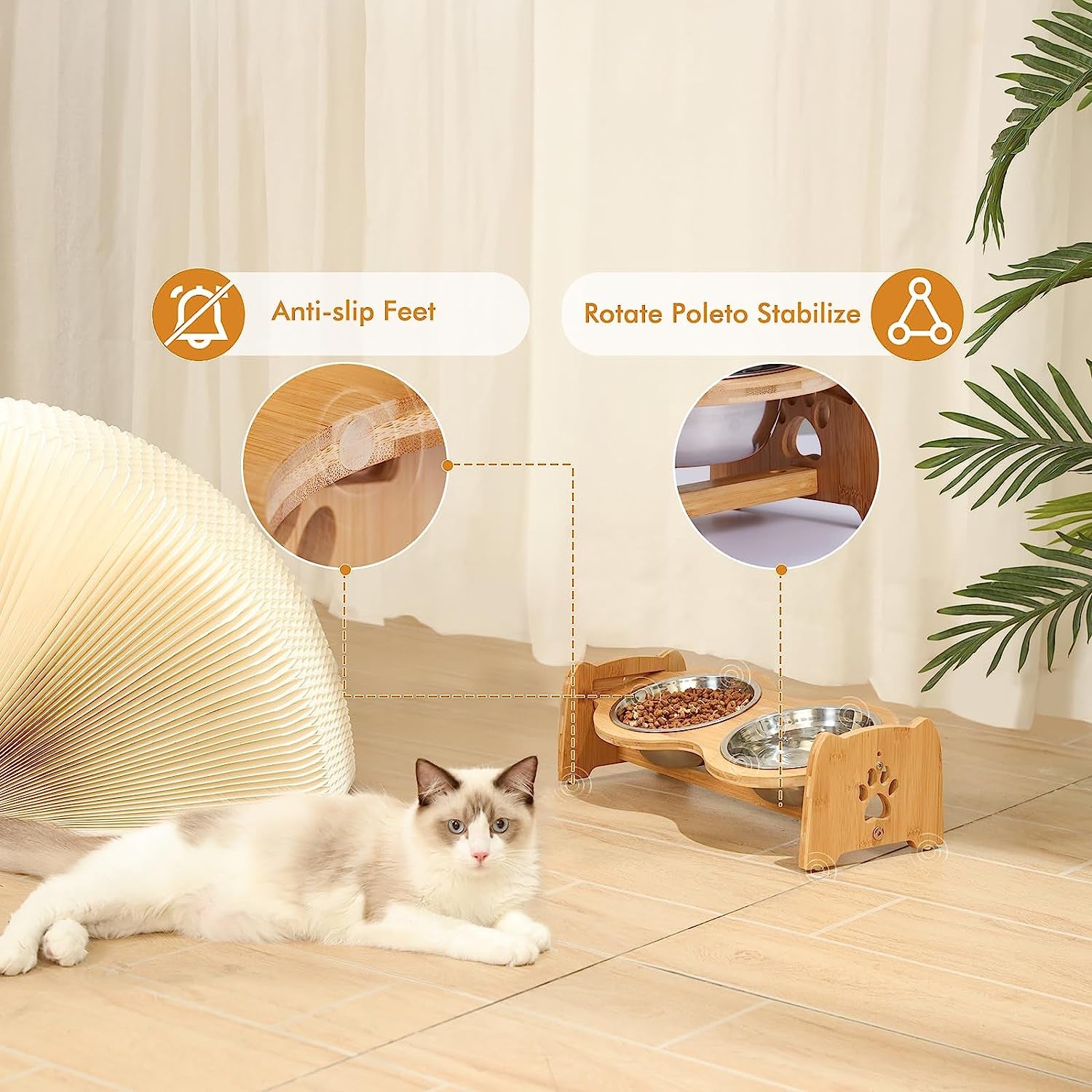 Adjustable Bamboo Elevated Dog and Cat Bowls with Stainless Steel Inserts and Anti-Slip Feet (Height 4" to 4.5")