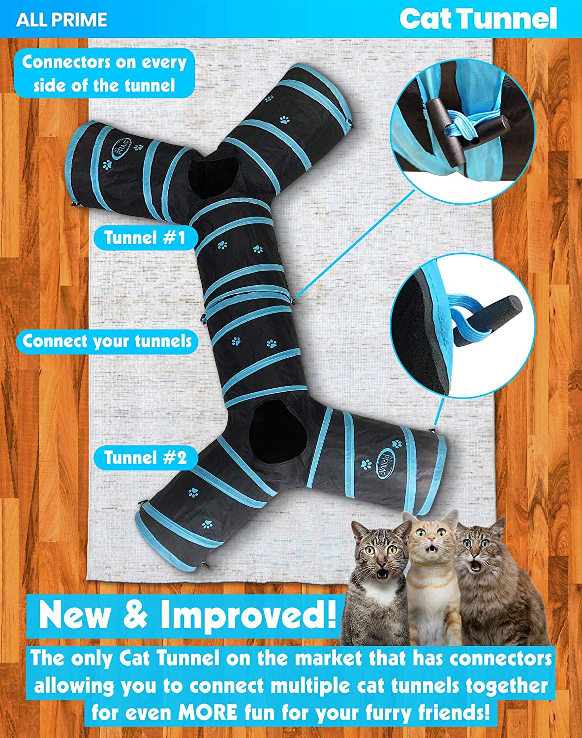 Collapsible 3-Way Cat Tunnel with Interactive Toy - Indoor Cat Play Tube - Ideal for Cats and Rabbits (Blue)