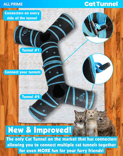 Collapsible 3-Way Cat Tunnel with Interactive Toy - Indoor Cat Play Tube - Ideal for Cats and Rabbits (Blue)