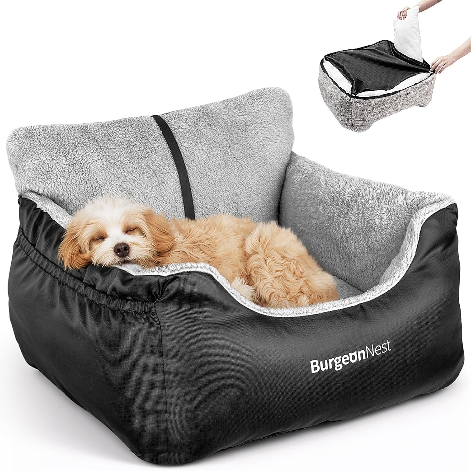 Premium Dog Car Seat for Small Breeds - Soft and Washable Travel Bed for Pets Under 25 lbs, Detachable Design with Storage Pockets and Clip-On Leash, Portable Carrier in Black