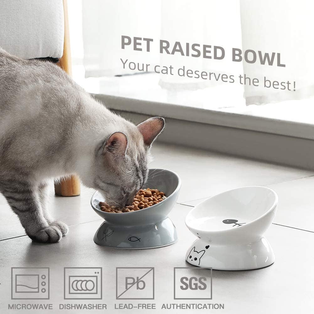 Elevated Ceramic Cat Bowls for Food and Water, Slanted Design for Spine Protection and Stress-Free Feeding, Backflow Prevention, White Porcelain Finish