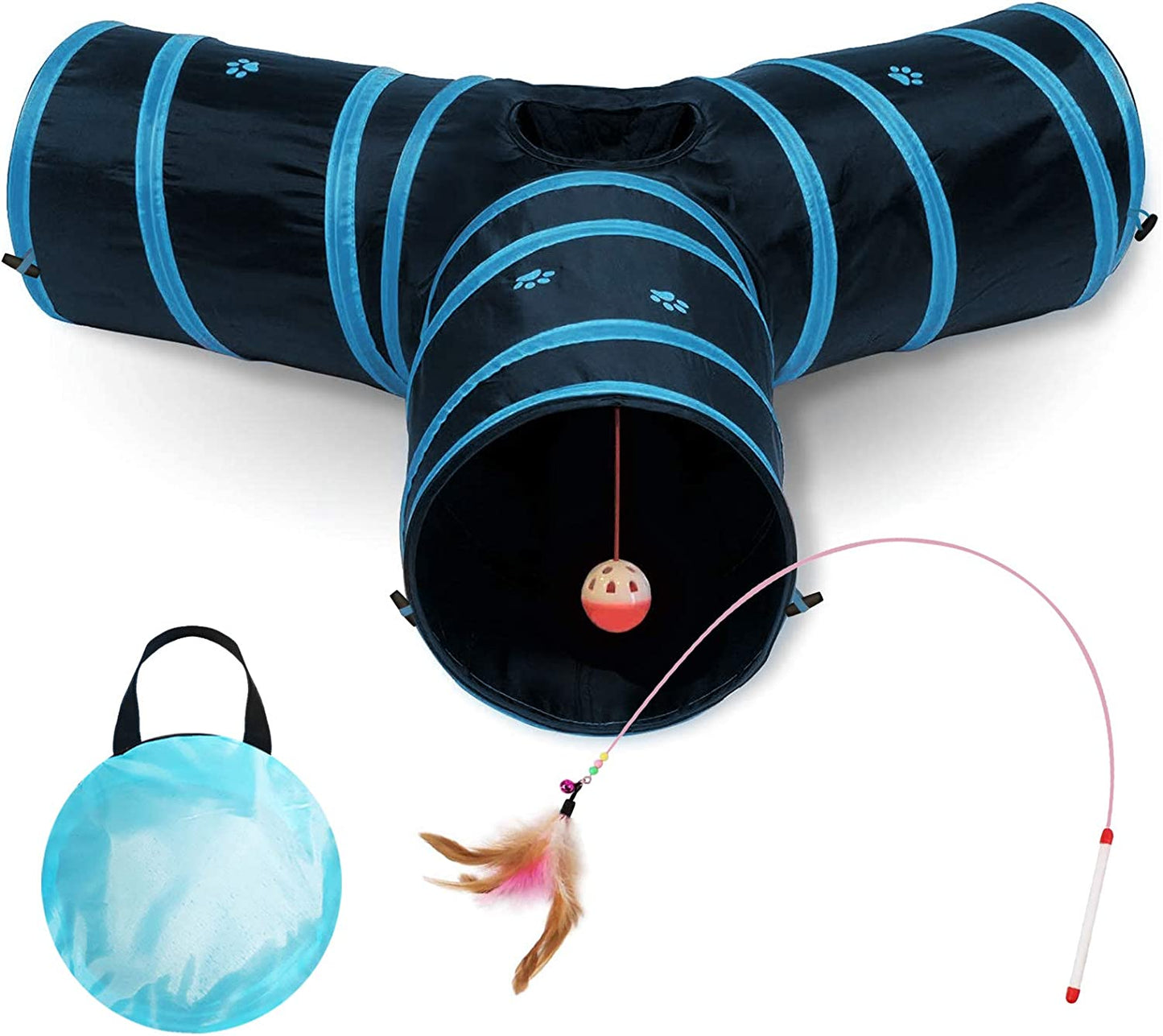 Collapsible 3-Way Cat Tunnel with Interactive Toy - Indoor Cat Play Tube - Ideal for Cats and Rabbits (Blue)