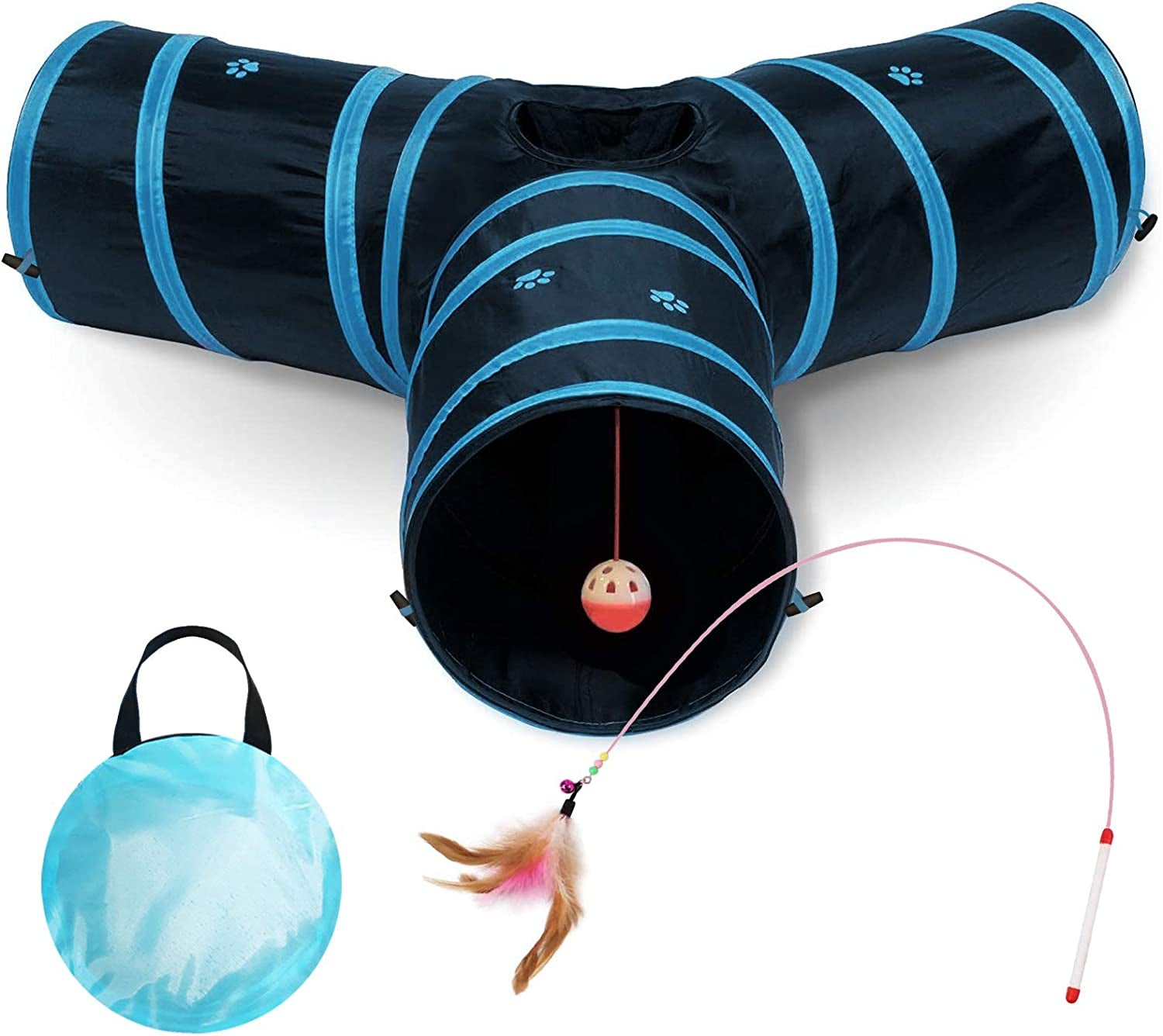 Collapsible 3-Way Cat Tunnel with Interactive Toy - Indoor Cat Play Tube - Ideal for Cats and Rabbits (Blue)
